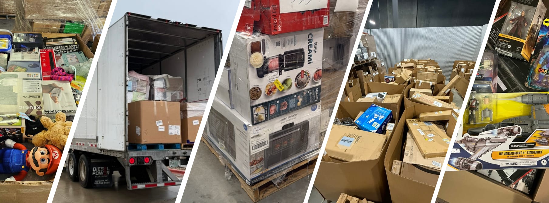 Pallets of liquidation inventory inside the Peak Stack Wholesale warehouse